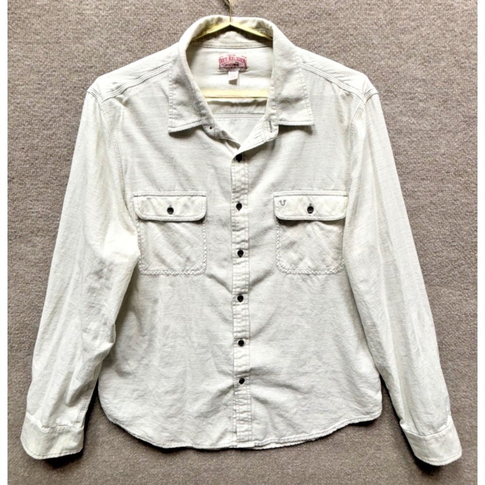 True Religion Mens 2XL Off White Button Up Shirt Cotton Long Sleeve Collared EUC